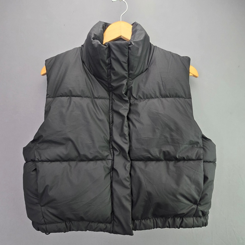 Love Tree Puffer Vest Cropped Quilted High Neck Large Black Zip Snap 5137VN